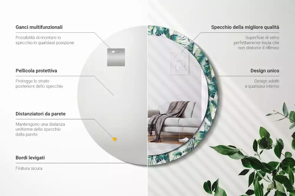 Miroir rond cadre avec impression Plumes noir et blanc