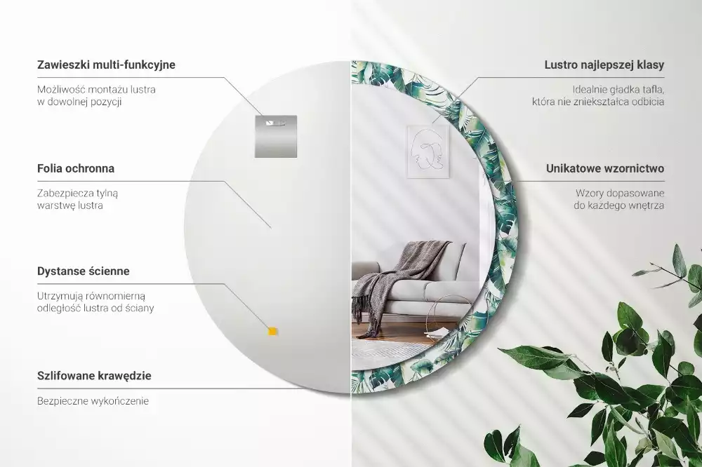 Miroir rond cadre avec impression Plumes noir et blanc