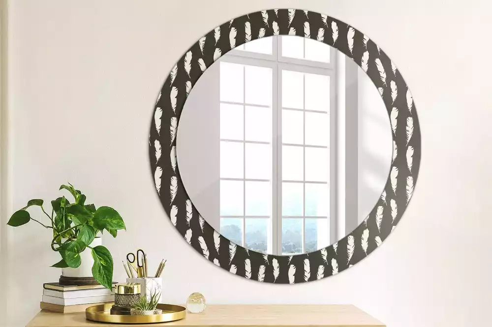 Miroir rond cadre avec impression Plumes noir et blanc