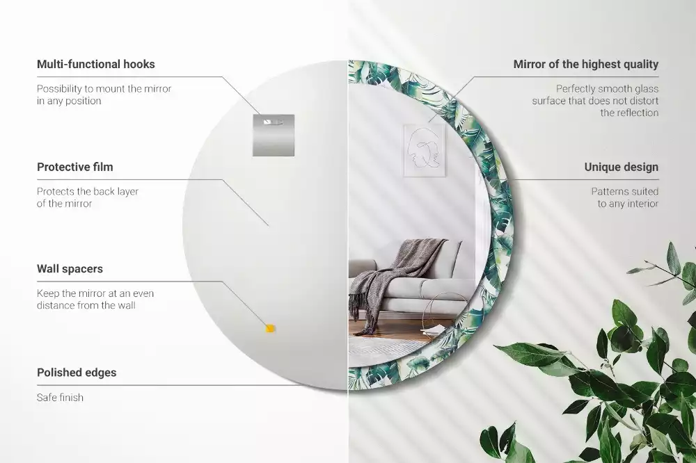 Miroir rond cadre avec impression Plumes noir et blanc