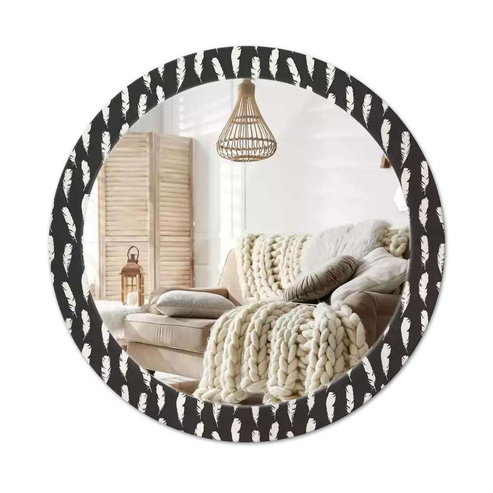 Miroir rond cadre avec impression Plumes noir et blanc
