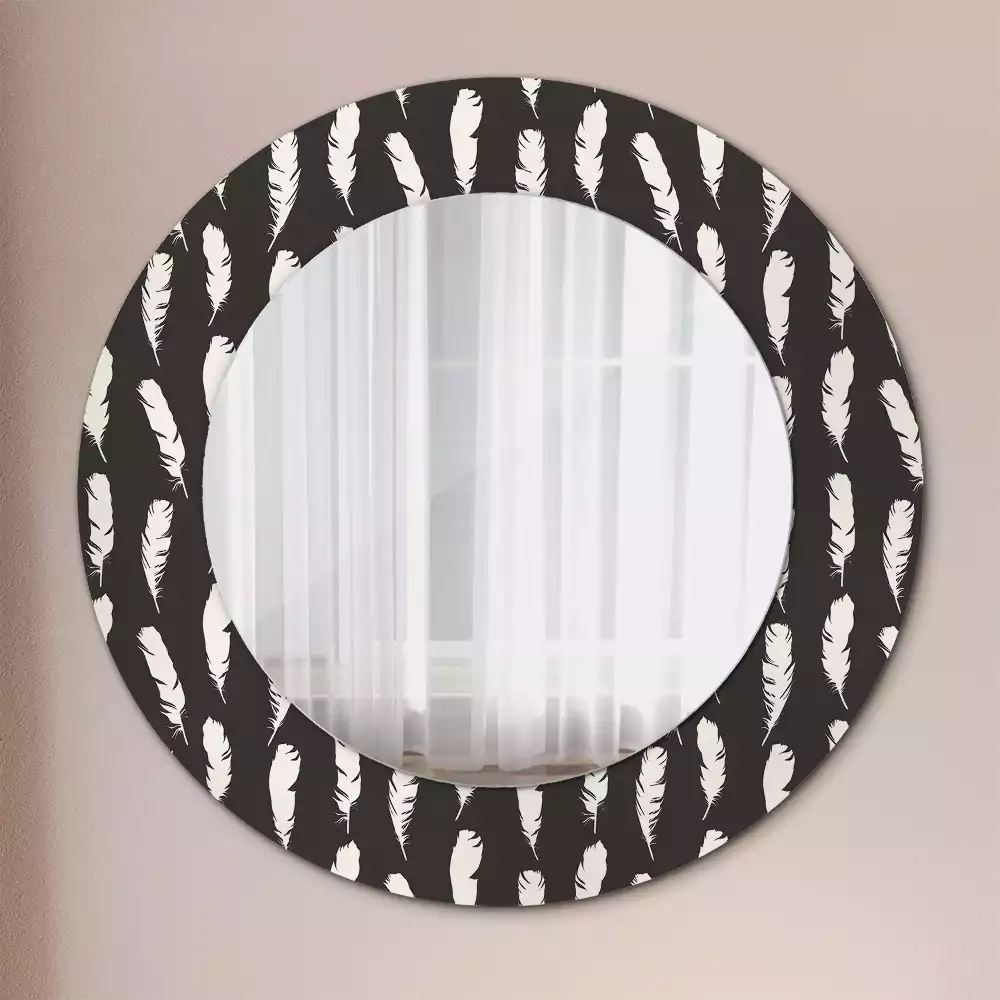 Miroir rond cadre avec impression Plumes noir et blanc