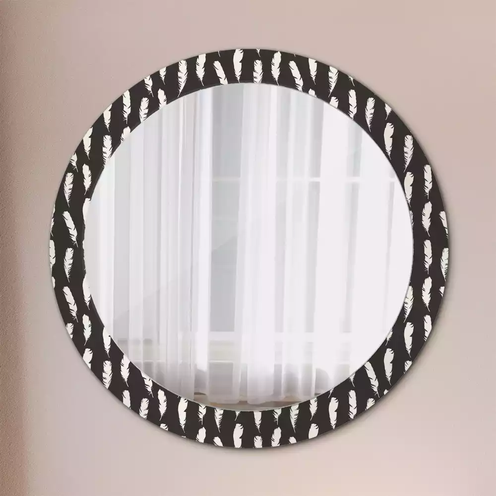 Miroir rond cadre avec impression Plumes noir et blanc