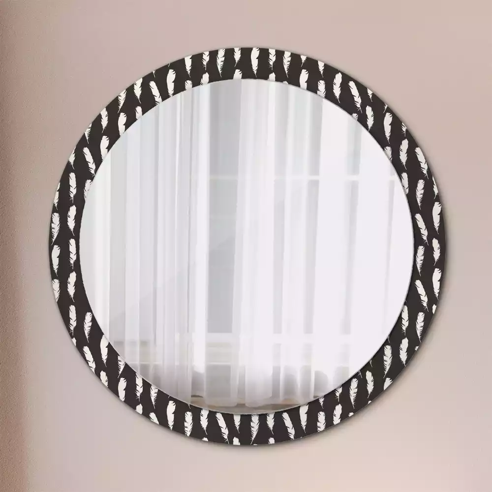 Miroir rond cadre avec impression Plumes noir et blanc