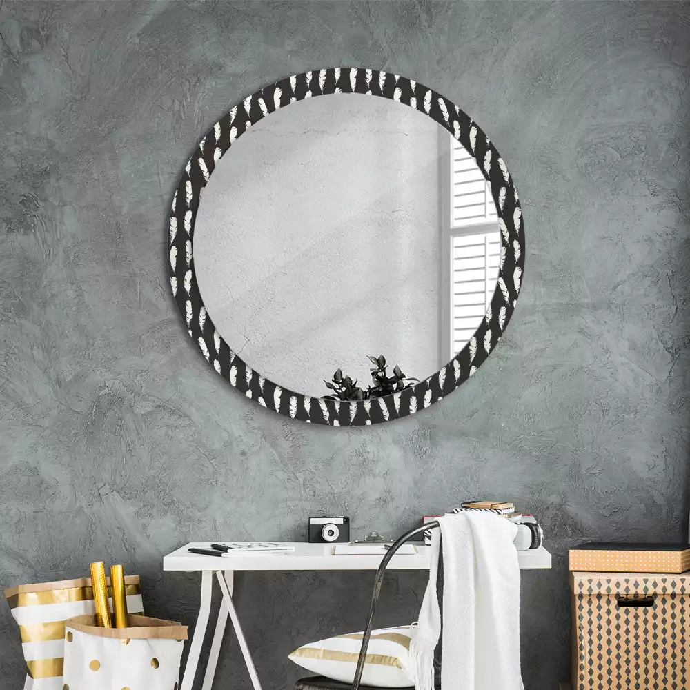 Miroir rond cadre avec impression Plumes noir et blanc
