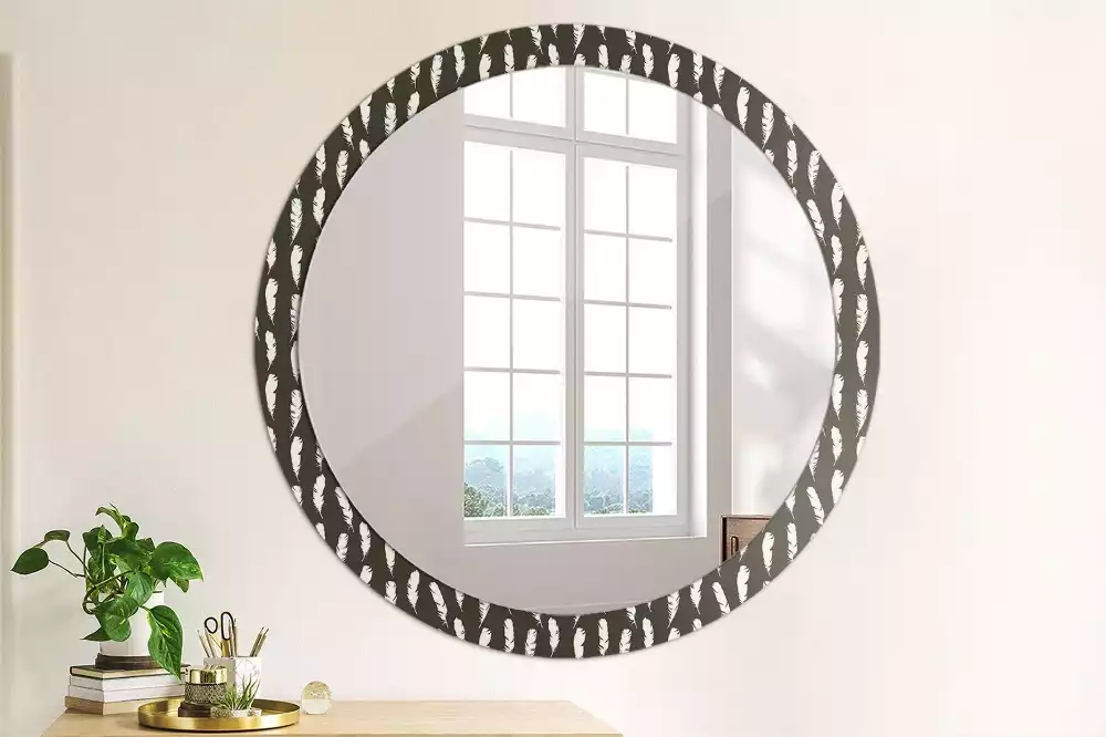 Miroir rond cadre avec impression Plumes noir et blanc