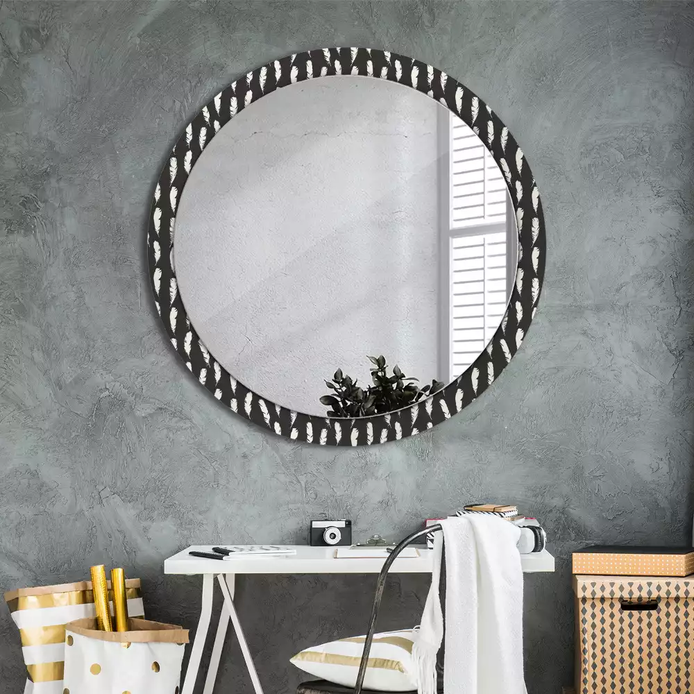 Miroir rond cadre avec impression Plumes noir et blanc