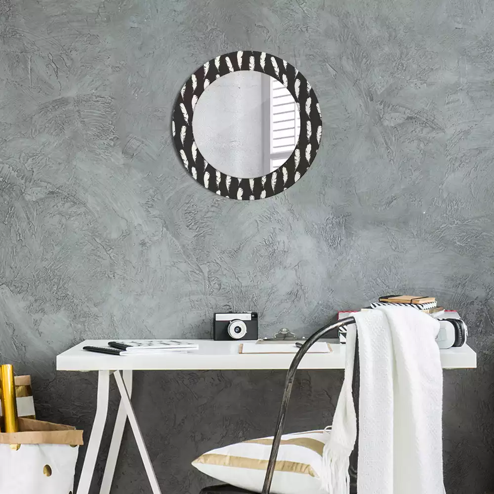 Miroir rond cadre avec impression Plumes noir et blanc