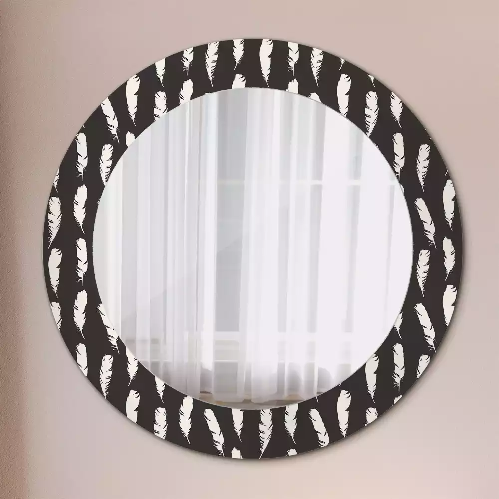 Miroir rond cadre avec impression Plumes noir et blanc
