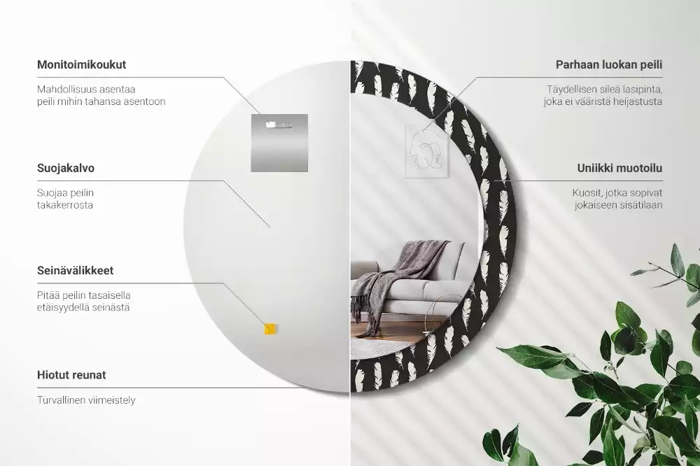 Miroir rond cadre avec impression Plumes noir et blanc