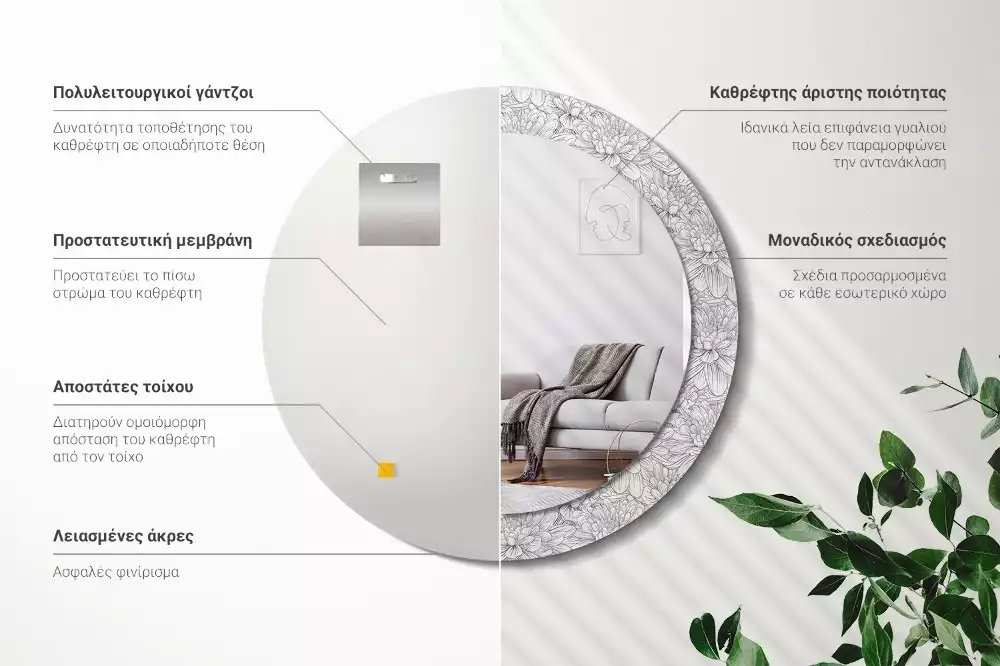 Miroir rond avec décoration Fleurs de lotus