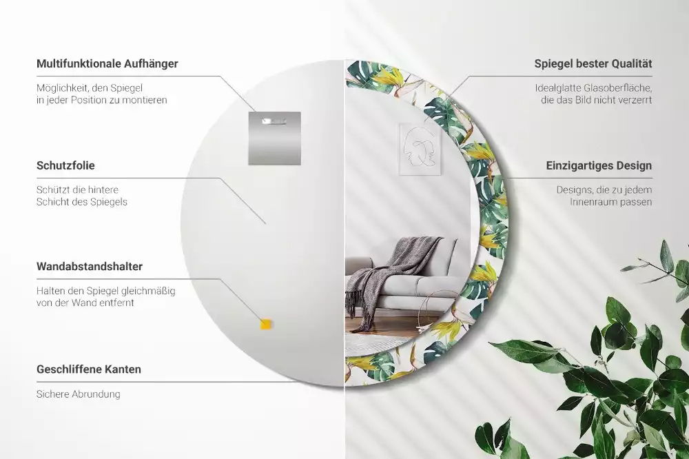 Miroir rond imprimé Feuilles tropicales
