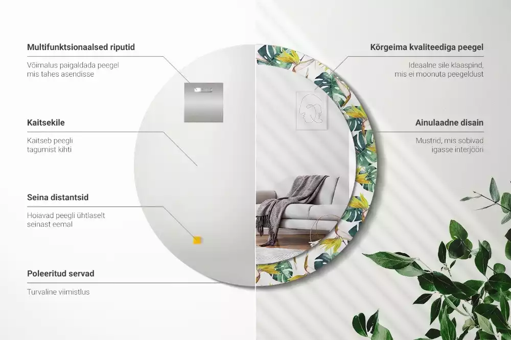 Miroir rond imprimé Feuilles tropicales