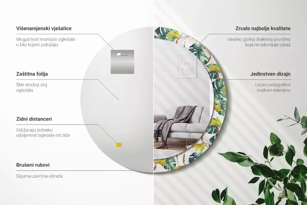 Miroir rond imprimé Feuilles tropicales