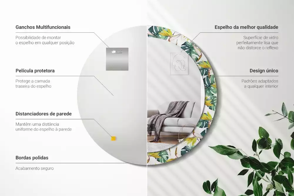 Miroir rond imprimé Feuilles tropicales