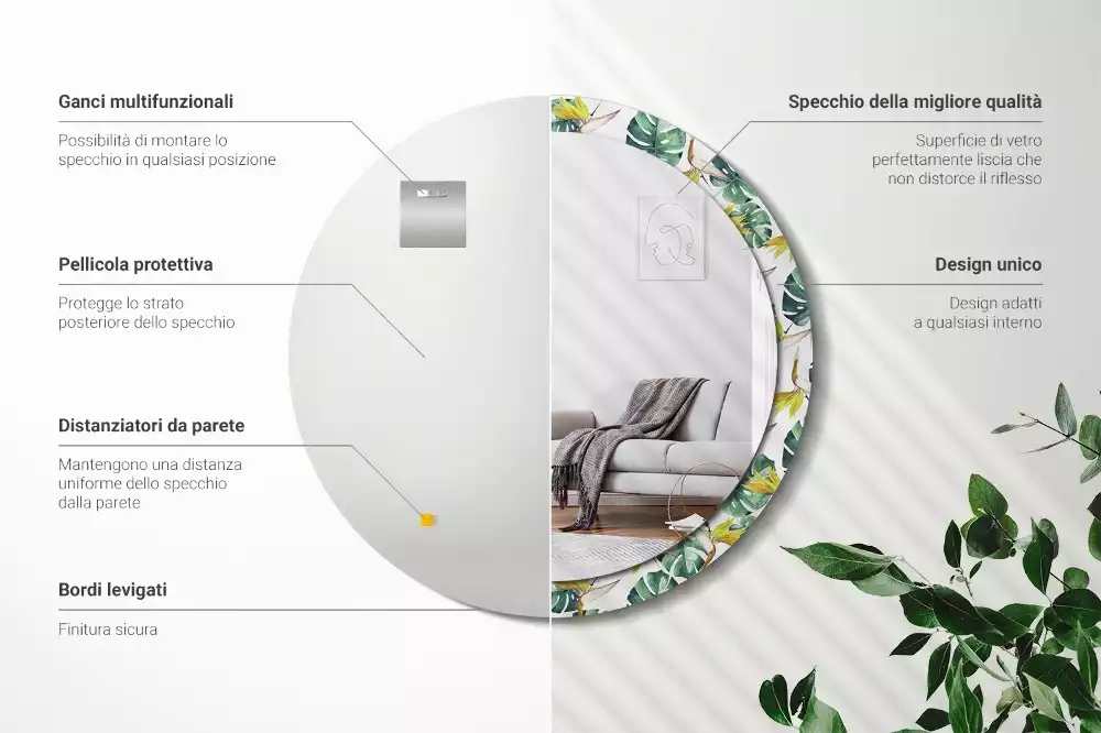 Miroir rond imprimé Feuilles tropicales