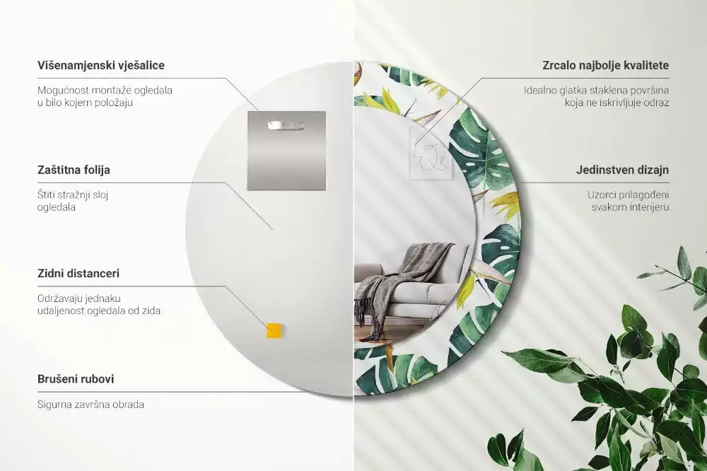Miroir rond imprimé Feuilles tropicales