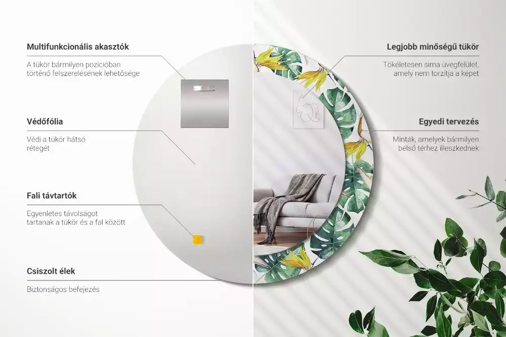 Miroir rond imprimé Feuilles tropicales