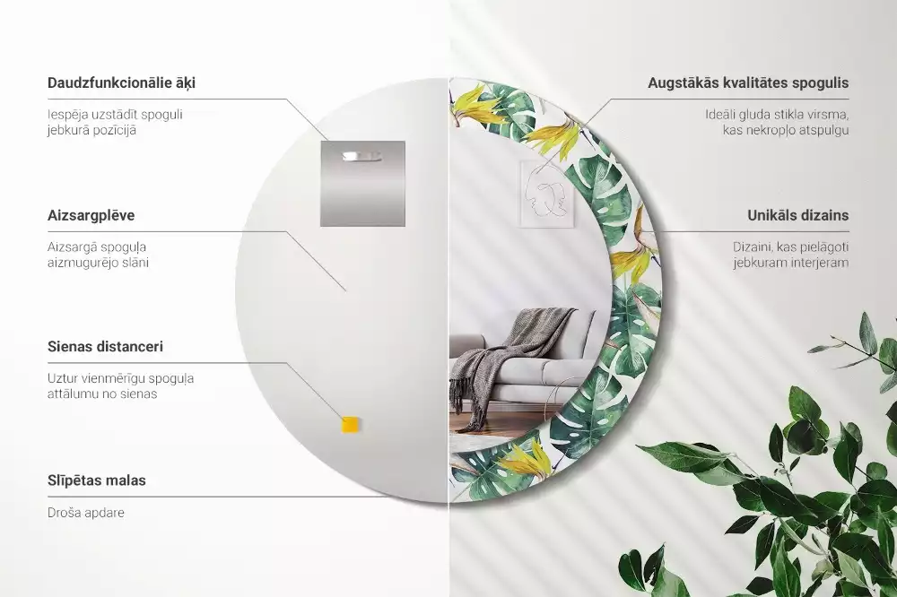Miroir rond imprimé Feuilles tropicales