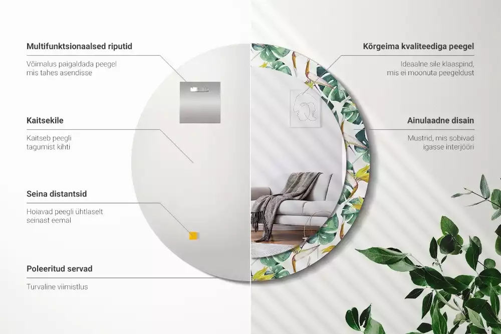 Miroir rond imprimé Feuilles tropicales