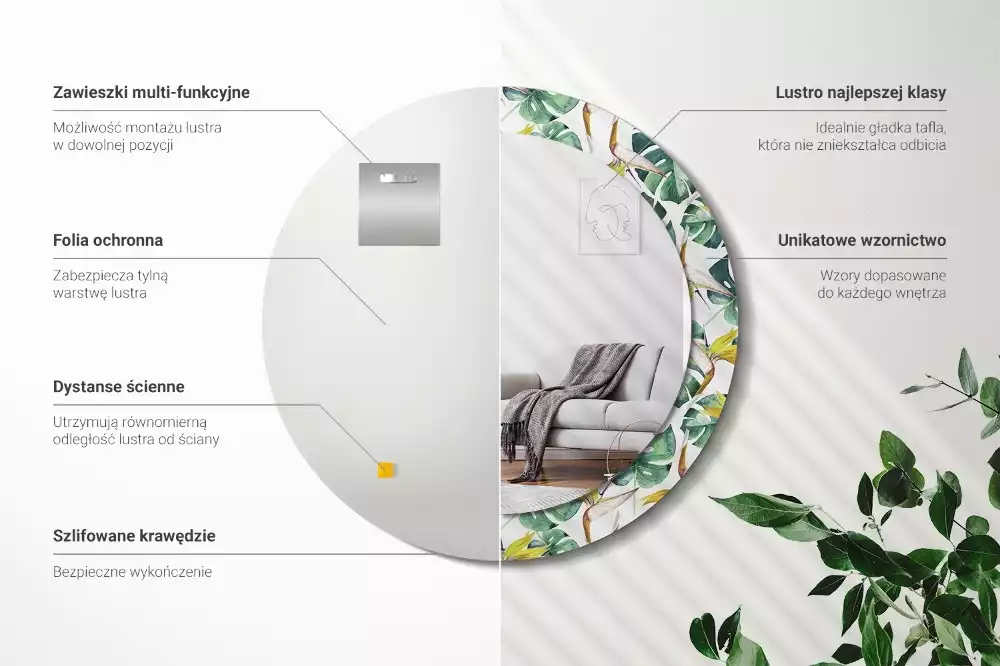 Miroir rond imprimé Feuilles tropicales