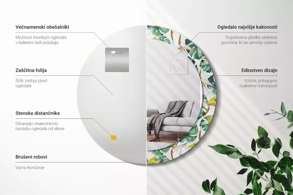 Miroir rond imprimé Feuilles tropicales