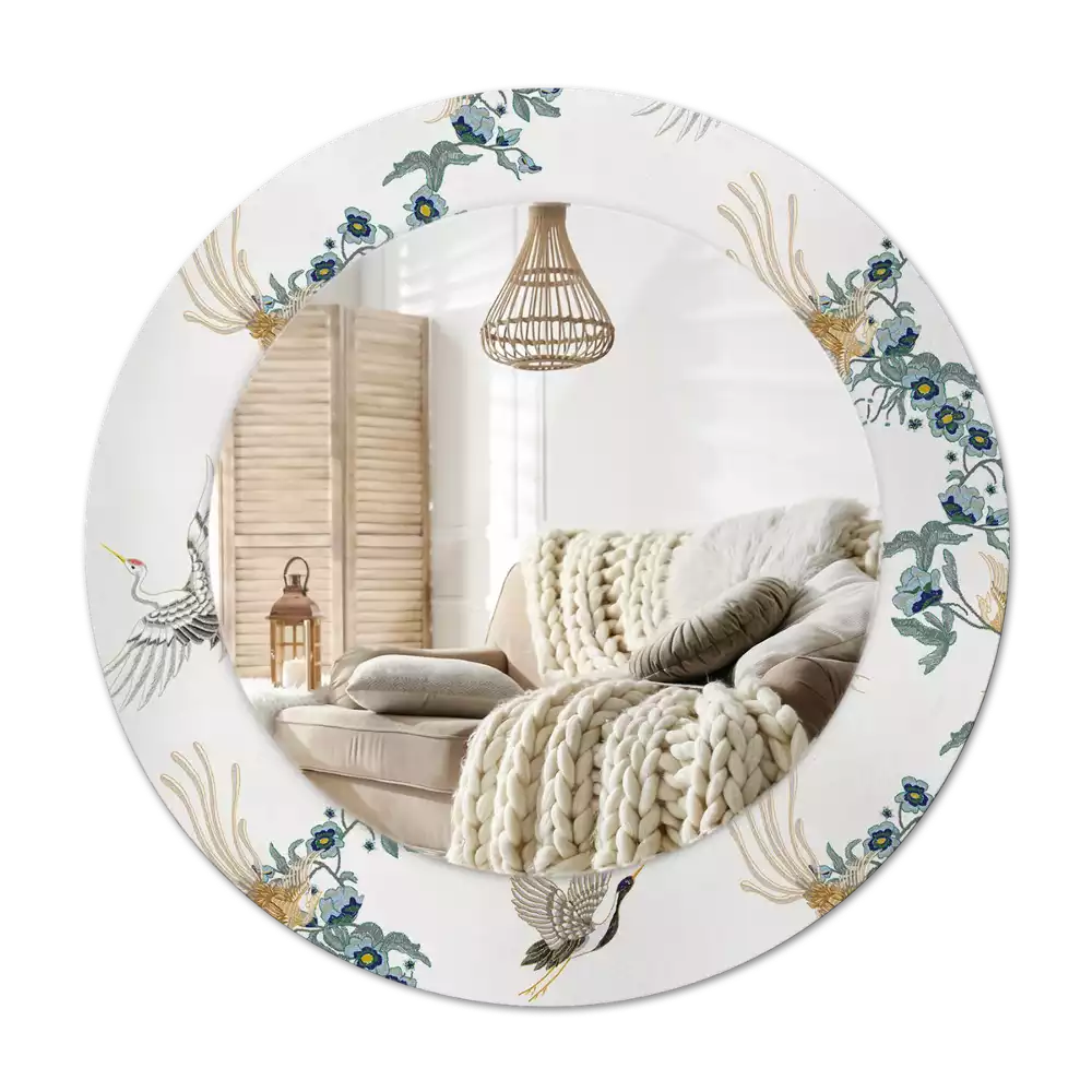 Miroir rond cadre avec impression Oiseaux chinois