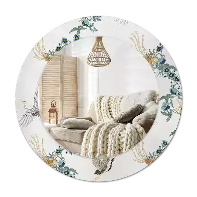 Miroir rond cadre avec impression Oiseaux chinois