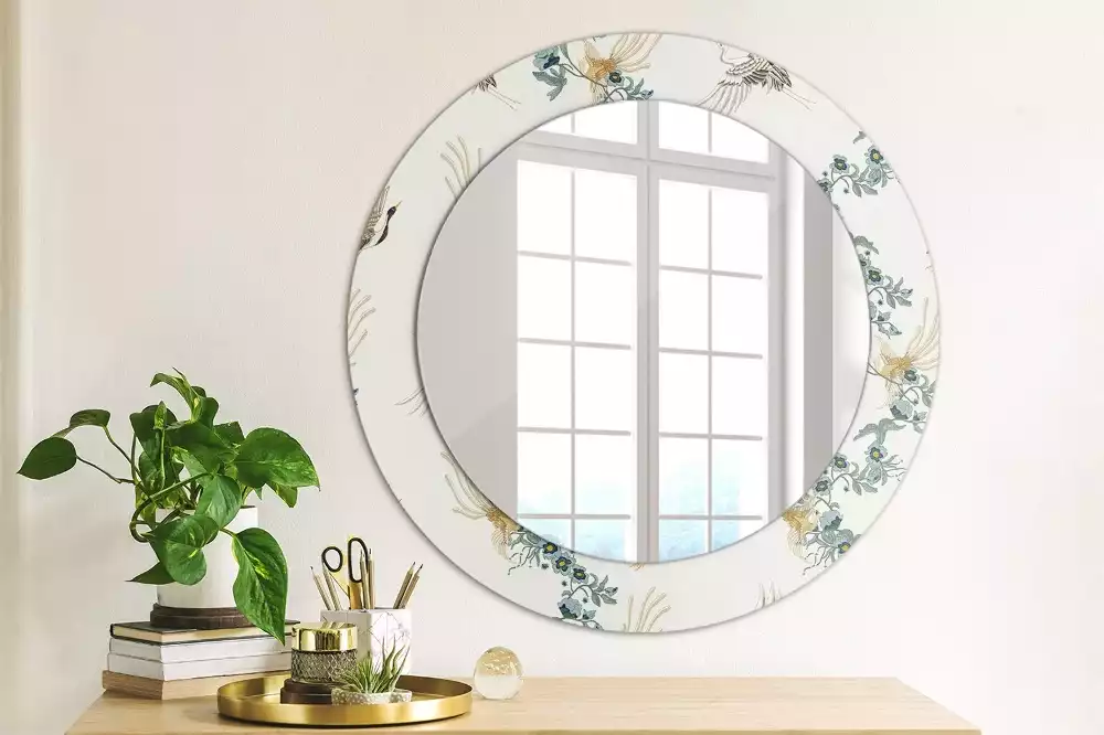 Miroir rond cadre avec impression Oiseaux chinois