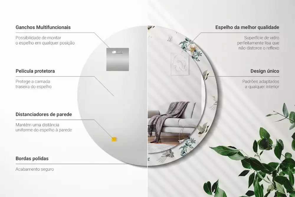 Miroir rond cadre avec impression Oiseaux chinois