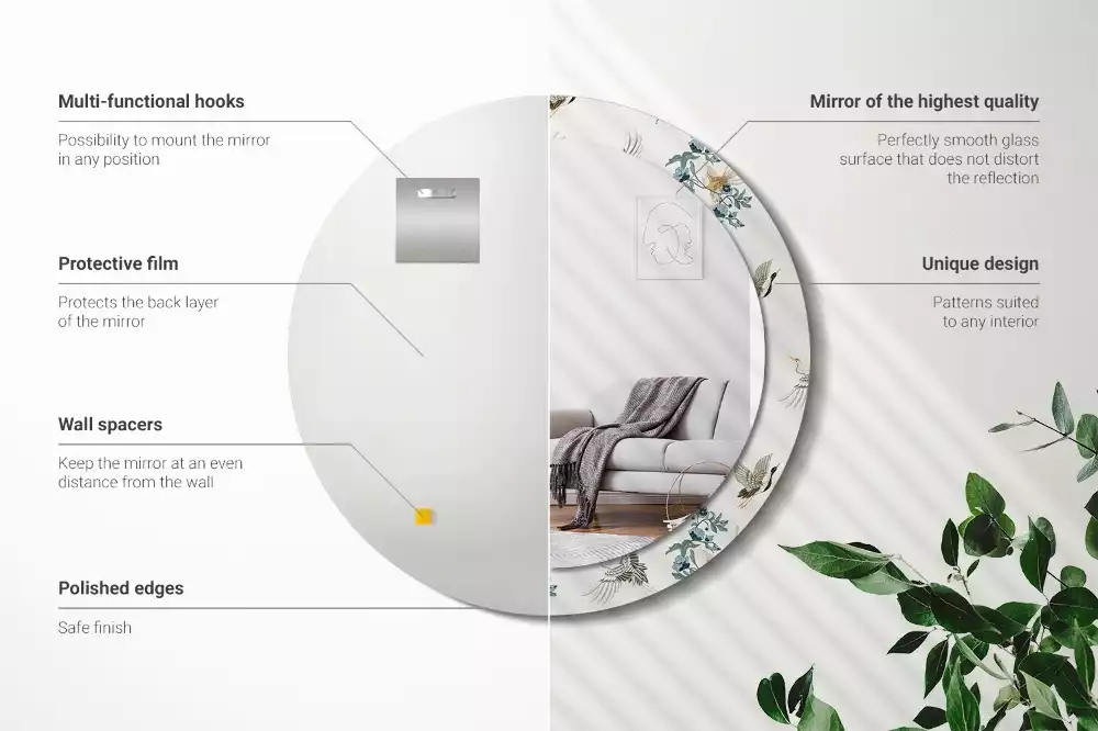 Miroir rond cadre avec impression Oiseaux chinois