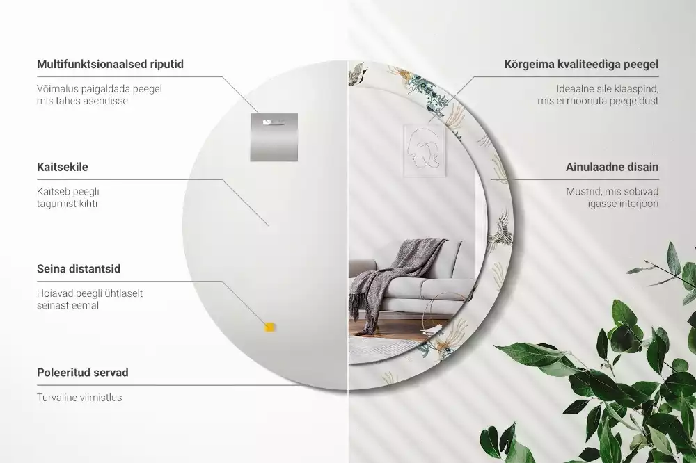 Miroir rond cadre avec impression Oiseaux chinois