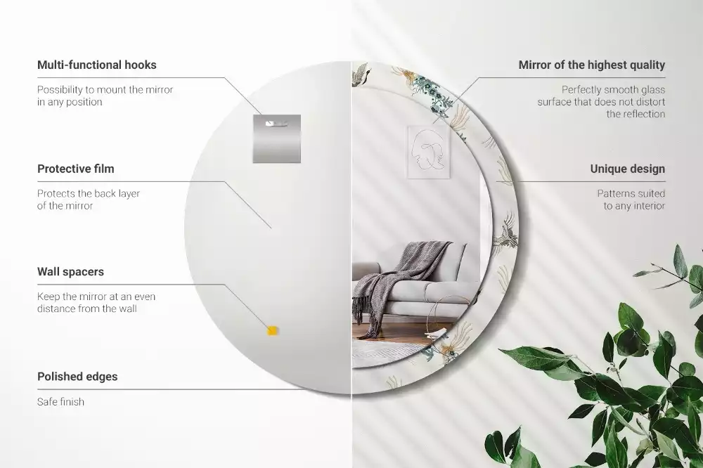 Miroir rond cadre avec impression Oiseaux chinois