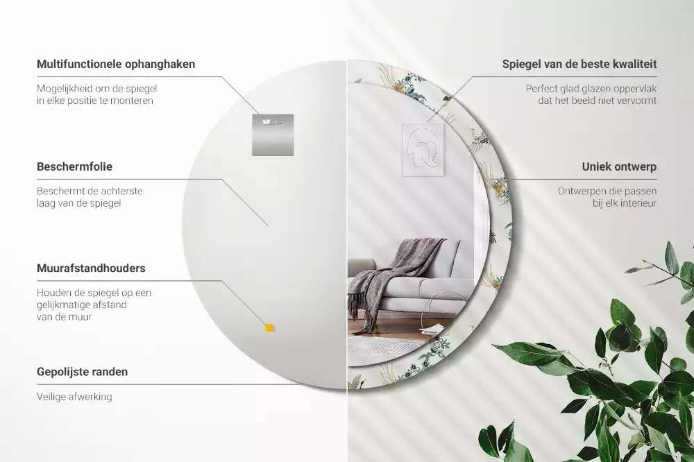 Miroir rond cadre avec impression Oiseaux chinois