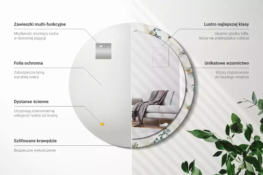 Miroir rond cadre avec impression Oiseaux chinois