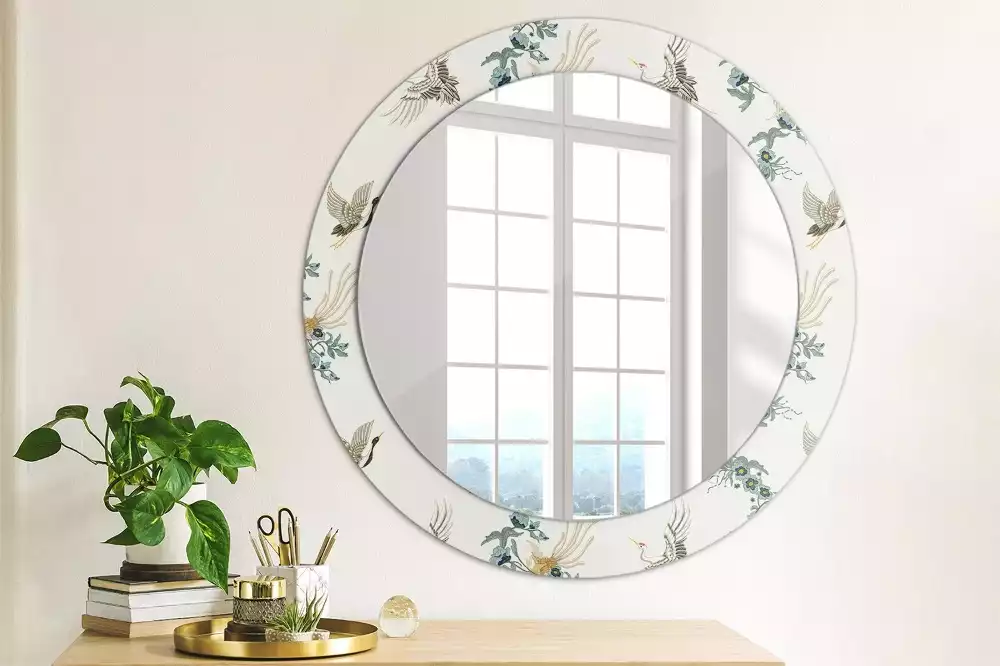 Miroir rond cadre avec impression Oiseaux chinois