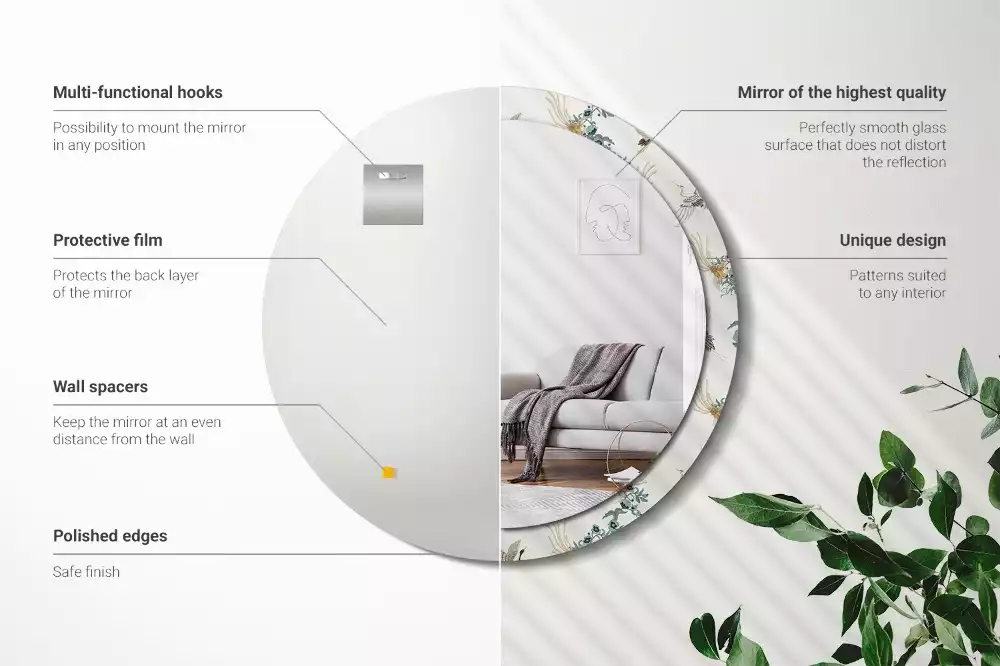 Miroir rond cadre avec impression Oiseaux chinois