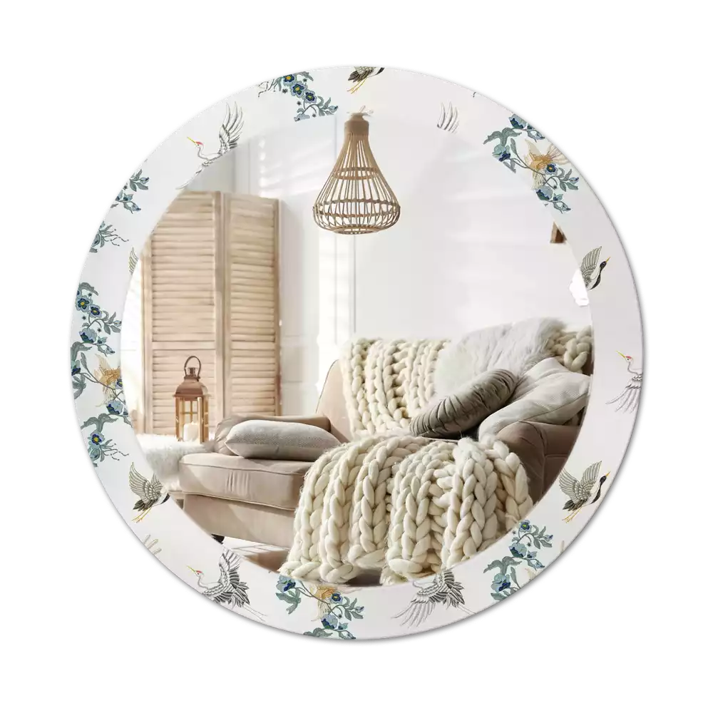 Miroir rond cadre avec impression Oiseaux chinois