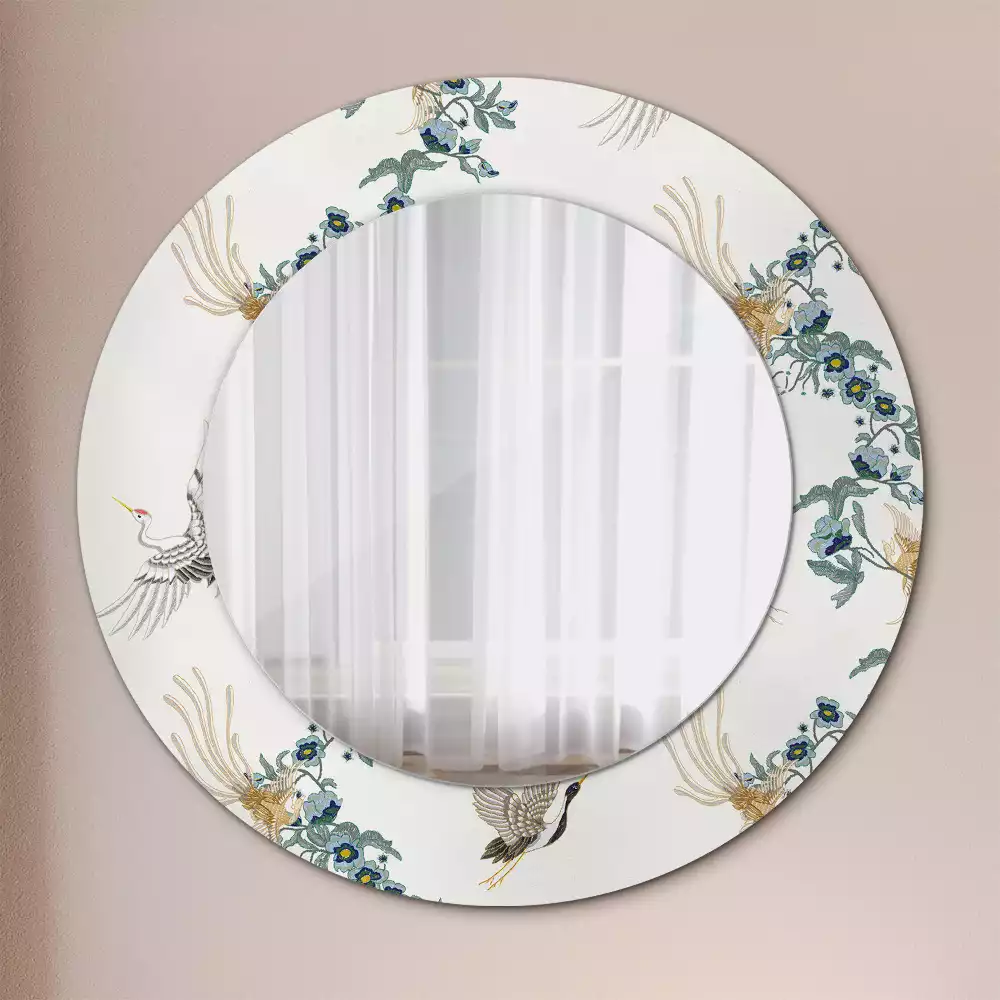 Miroir rond cadre avec impression Oiseaux chinois