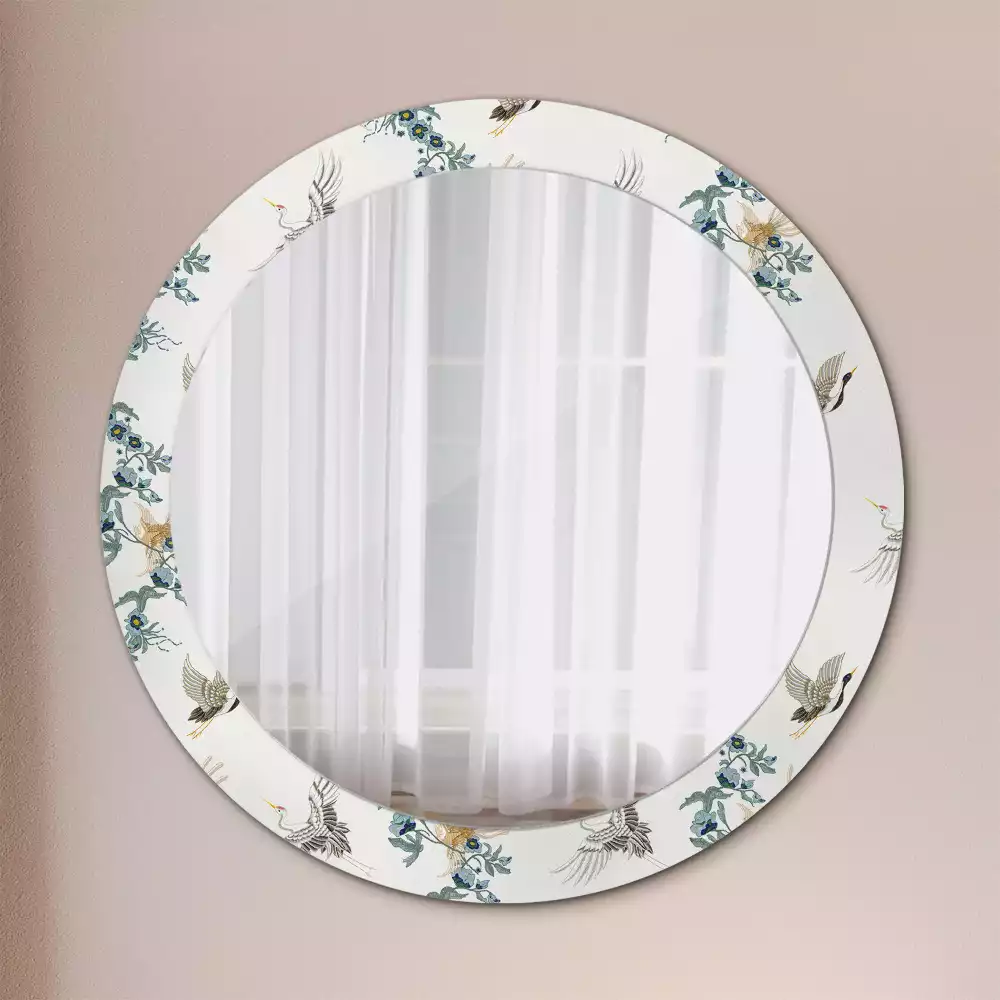 Miroir rond cadre avec impression Oiseaux chinois