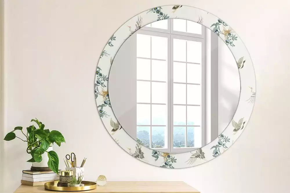 Miroir rond cadre avec impression Oiseaux chinois