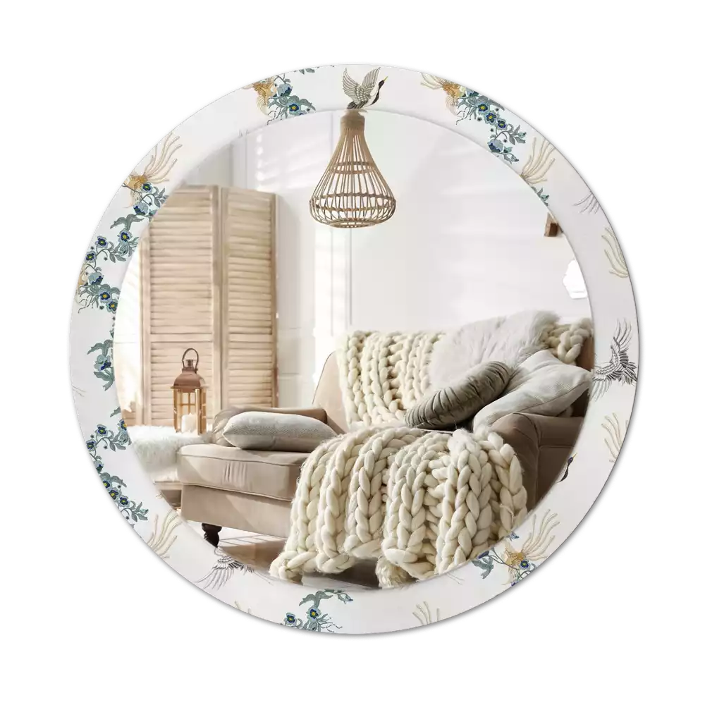 Miroir rond cadre avec impression Oiseaux chinois