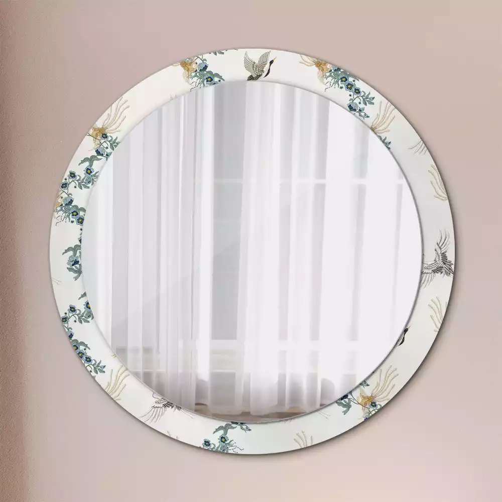 Miroir rond cadre avec impression Oiseaux chinois