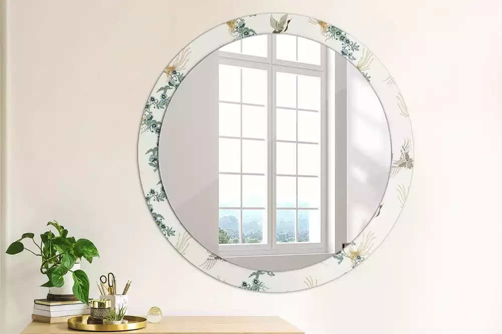 Miroir rond cadre avec impression Oiseaux chinois