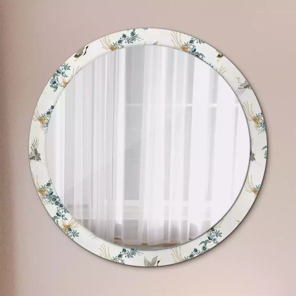 Miroir rond cadre avec impression Oiseaux chinois