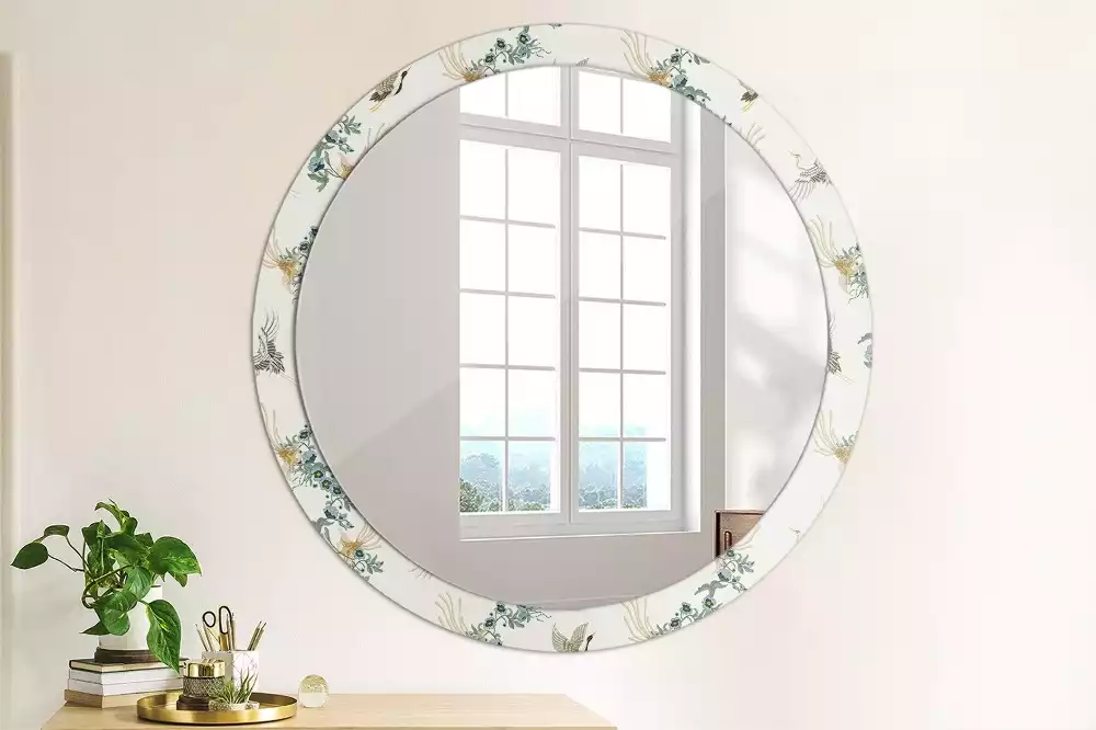 Miroir rond cadre avec impression Oiseaux chinois
