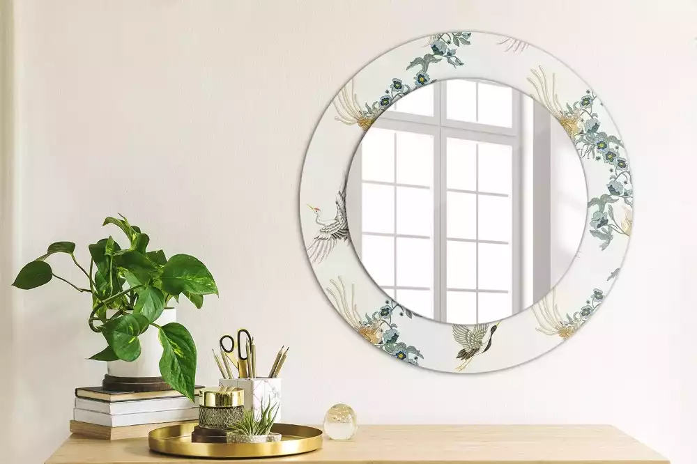 Miroir rond cadre avec impression Oiseaux chinois