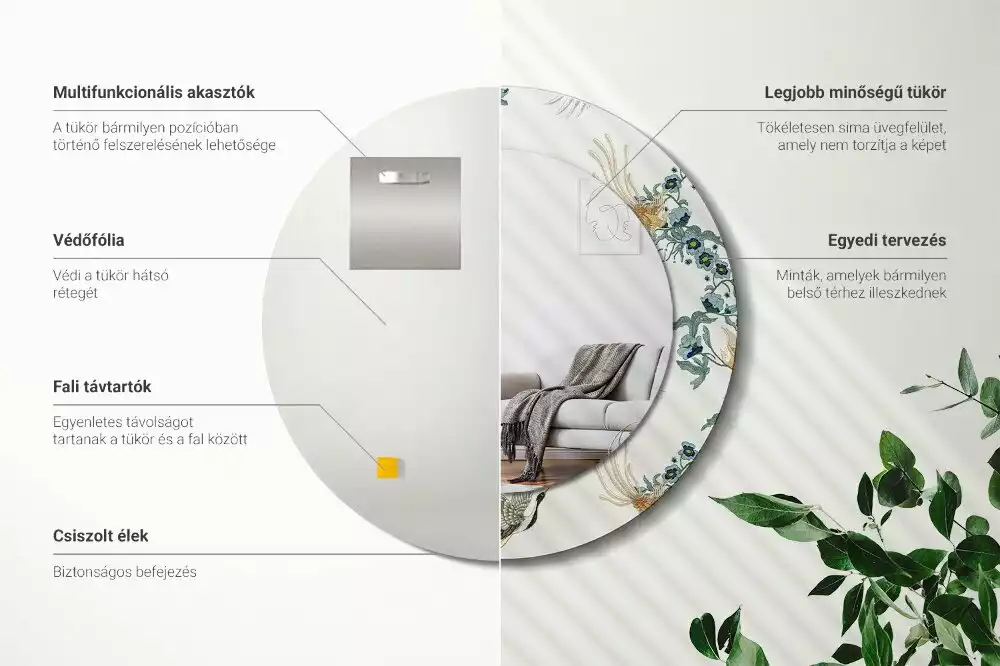 Miroir rond cadre avec impression Oiseaux chinois