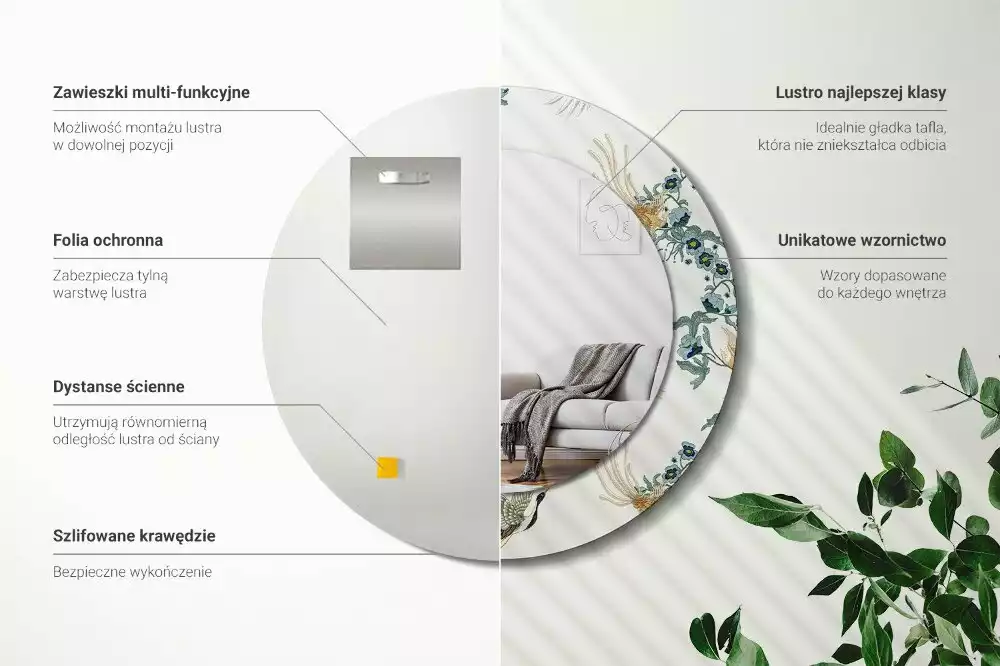 Miroir rond cadre avec impression Oiseaux chinois