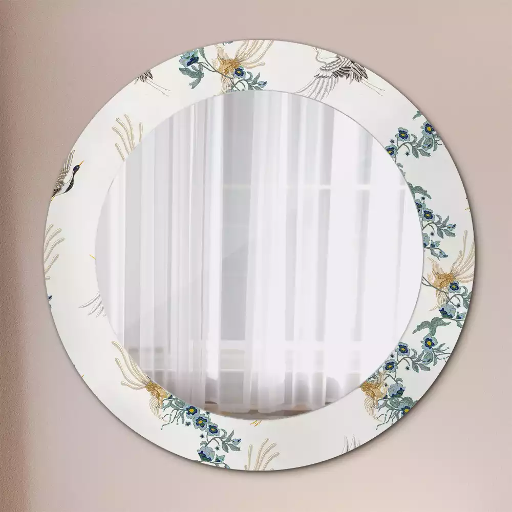 Miroir rond cadre avec impression Oiseaux chinois